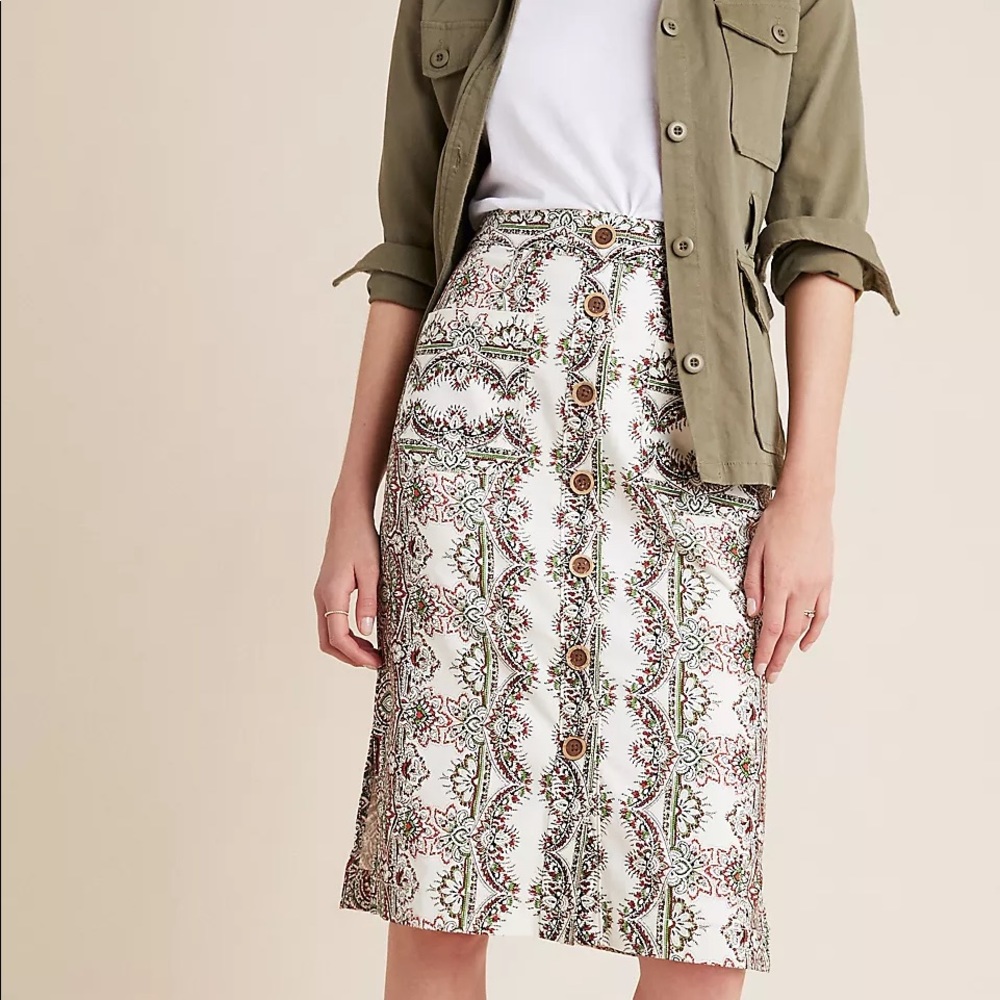 Anthropologie White Floral-Print Button-Front Midi Skirt